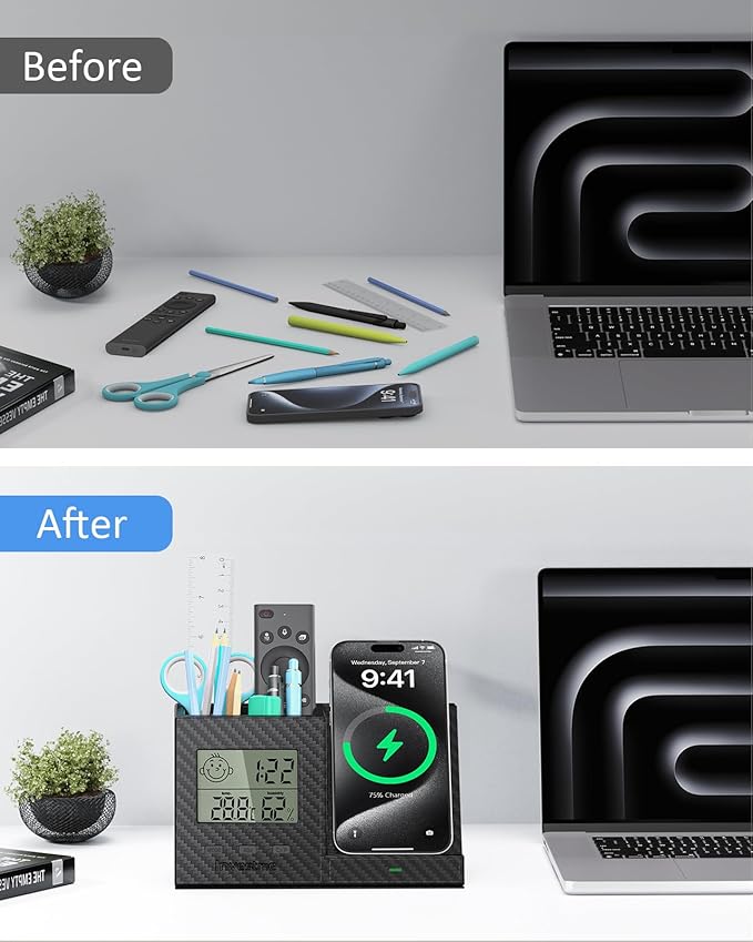 Pen Holder for Desk, Desk Organizer with Wireless Charger, Built in Digital Indoor Thermometer and Humidity Monitor, Multi-Functional Pencil Organizer for Home Office, Black Carbon Fiber