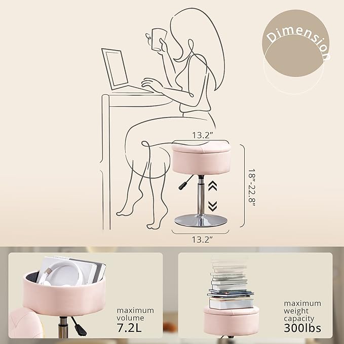 LUE BONA 360°Swivel Vanity Stool Chair for Makeup Room, Height Adjustable Stool for Vanity with Storage, Small Pink Faux Leather for Bathroom, Living Room