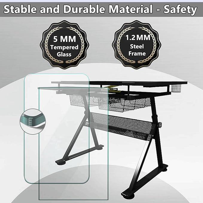 Drafting Table for Artists, Height Adjustable Glass Drawing Table with Stool, Ergonomic Art Table with 0-75° Tilting Tabletop and More Storage for Home Office, Type 1-White