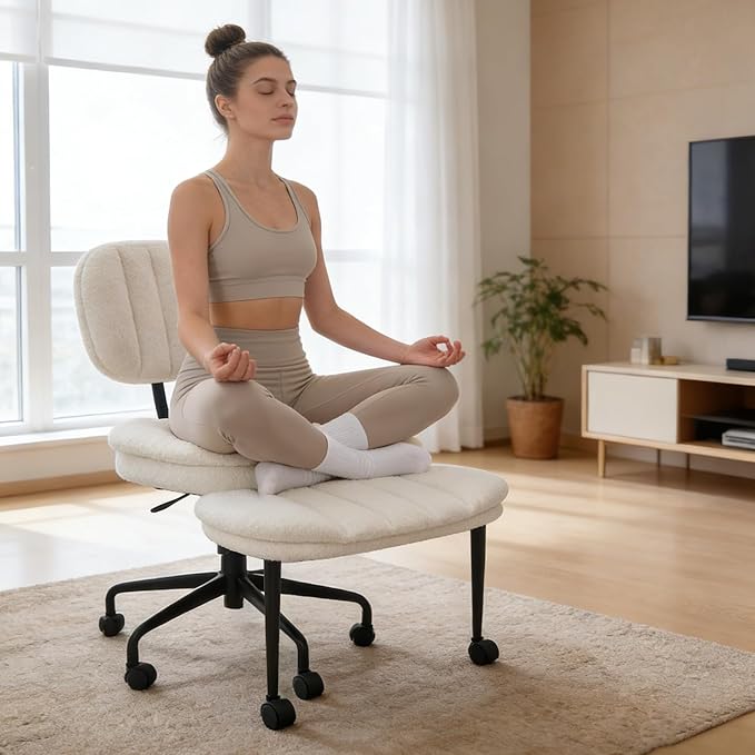 Criss Cross Chair with Footrest, 360° Swivel Faux Shearling Office Chair, Extra Wide Seat with Sofa-Like Comfort, Ergonomic Cross Legged Desk Chair for Cozy Reading, Meditation