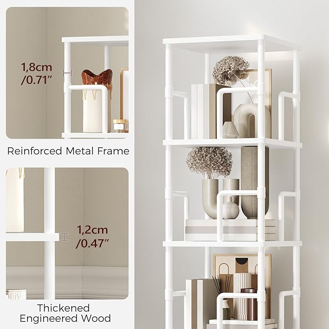 MAHANCRIS 5-Tier Rotating Bookshelf, Freestanding Corner Bookshelf, 360° Spinning Bookcase, Industrial Style Storage Rack with Rails, for Living Room, Bedroom, Study, White BKWT1601
