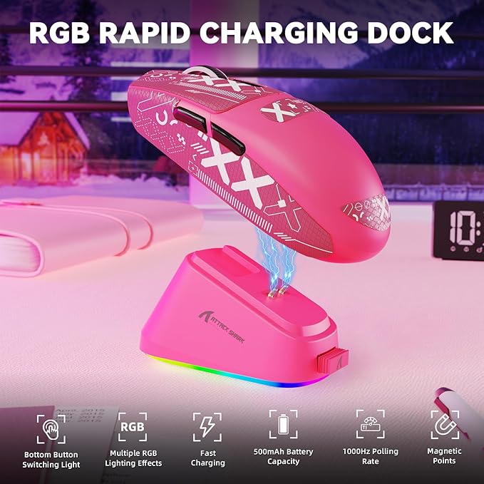 MAMBASNAKE ATTACK SHARK G3PRO Wireless Gaming Mouse with RGB Magnetic Charging Dock,Tri-Mode-2.4G/USB-C Wired/BT, 25K DPI,PAW3311 Optical Sensor,59g Ultra Lightweight,Slip Grip Tape for PC/Mac(Red)