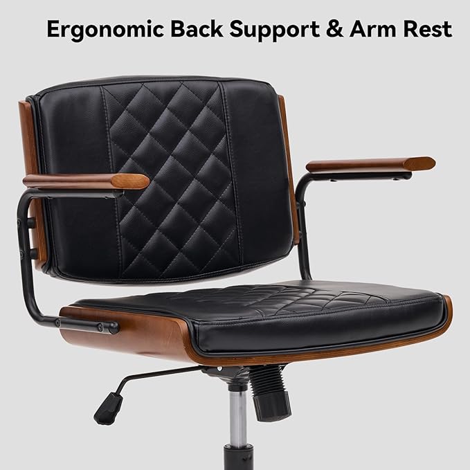 Home Office Desk Chair with Rubber Wheels, Adjustable Height Office Chair with Arms, Leather Mid Back 360° Small Computer Chair, Modern Walnut Chair for Office, Reading Meeting Room (Black)