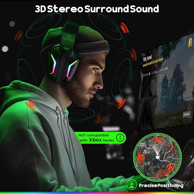 WESEARY Wireless Gaming Headset for PS5, PS4, PC, Laptop, Mac & Switch, Dual Low-Latency 2.4GHz USB/Type-C, Bluetooth Gaming Headphones with ENC Mic for Gamecube, 3D Stereo,Colorful Light, 50H Power