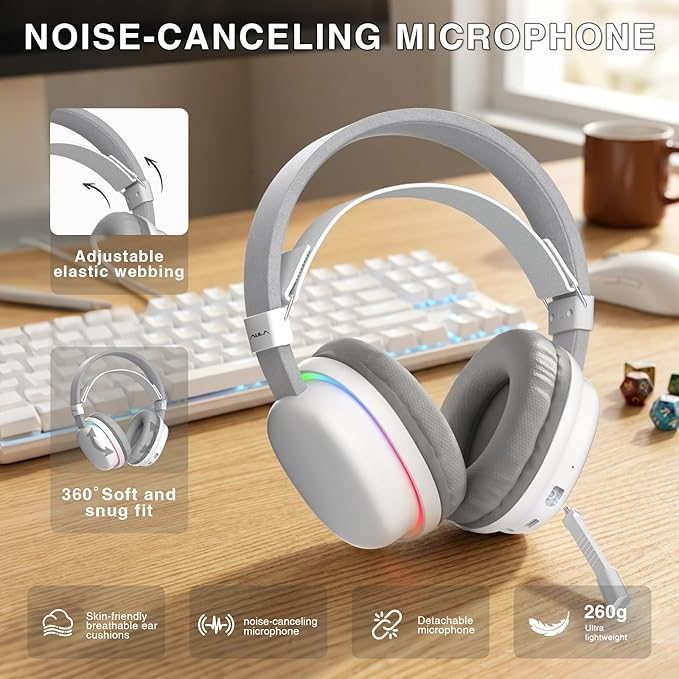 AULA G7 Wireless Gaming Headset with Detachable Noise Canceling Mic, 40mm Driver, BT5.3 Gaming Headphones with RGB Light, 10ms Latency, 60Hr Battery, PC Gaming Headset for PS5,PS4, Switch,Xbox,PC