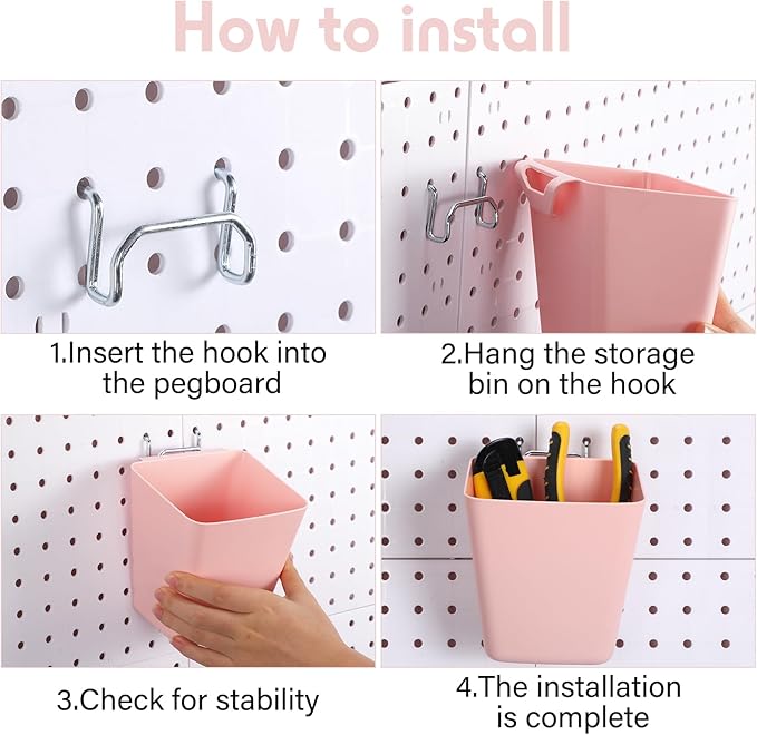 Namalu 12 Pack Pegboard Storage Bins with Labels and Hooks Bulk Peg Board Organizer Accessories Hanging Cup Organizer Pegboard Cup Holder (Pink)