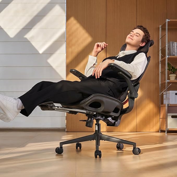 SIHOO B100 PRO Ergonomic Office Chair with Footrest, Mesh Office Chair with Adaptive Lumbar Support, Computer Chair with Wide Headrest, Desk Chair with 360° Rotatable Flip-Up Armrests, Ebony