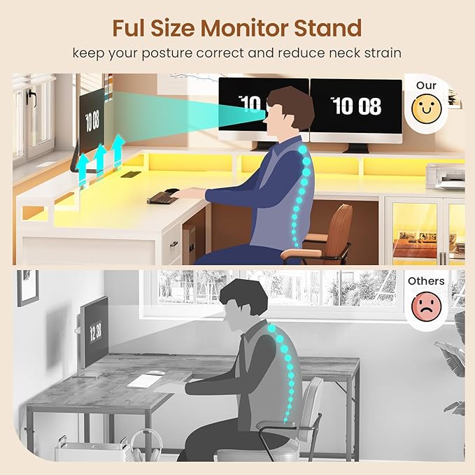 SEDETA L Shaped Gaming Desk with 4 Drawers, 109” Computer Desk with Display Cabinet, Home Office Desks with 2 Monitor Stands, CPU Stand, LED Lights and Power Outlet, White