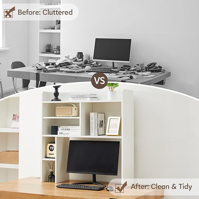 TUKAILAi Desktop Bookshelf Organizer, Countertop Storage Hutch with 7 Shelves for Desk, Dorm Desk Hutch Wood Display Rack for Home Office (White)