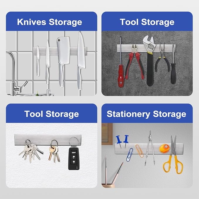 16 Inch Black Magnetic Knife Holder for Wall, No Drilling Adhesive Knife Strip with Powerful Magnet and Expanded Screws, Wall Mount Knife Rack for Knives, Includes Adhesive Tape (Silver White)