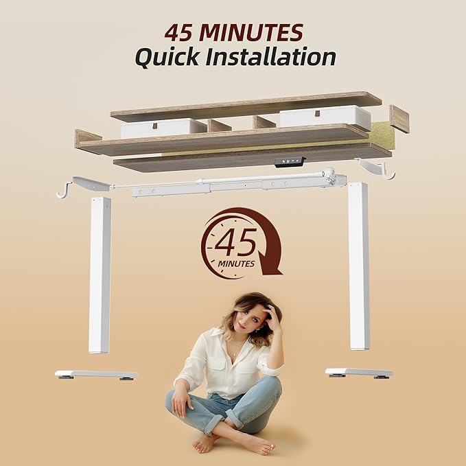 TIQLAB Standing Desk with Two Drawers, Stand Up Standing Desk Adjustable Height, Electric Sit Stand Table with Storage Shelf and Splice Board, 55 * 28 inch, Maple