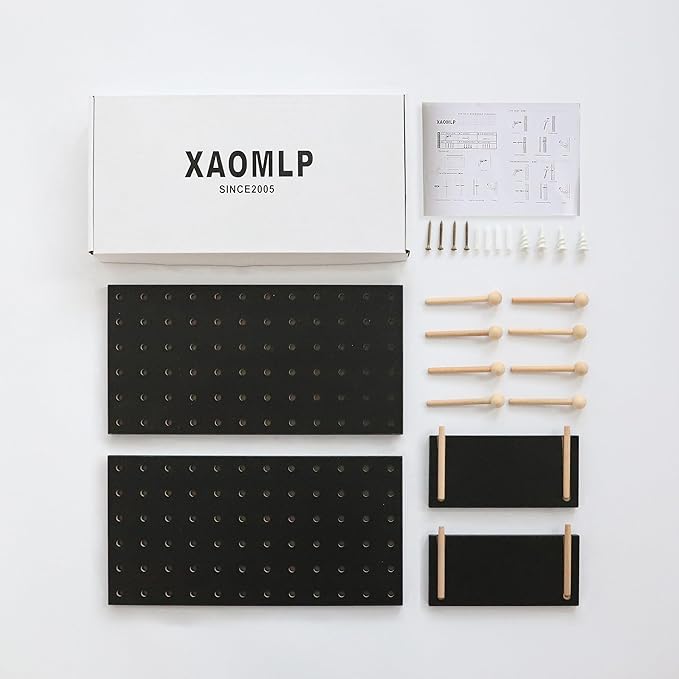 Wooden Pegboard Accessories Set: Modular Wall Hooks & Shelf for Garage, Office & Home Organization(Black Colored Finish-B)