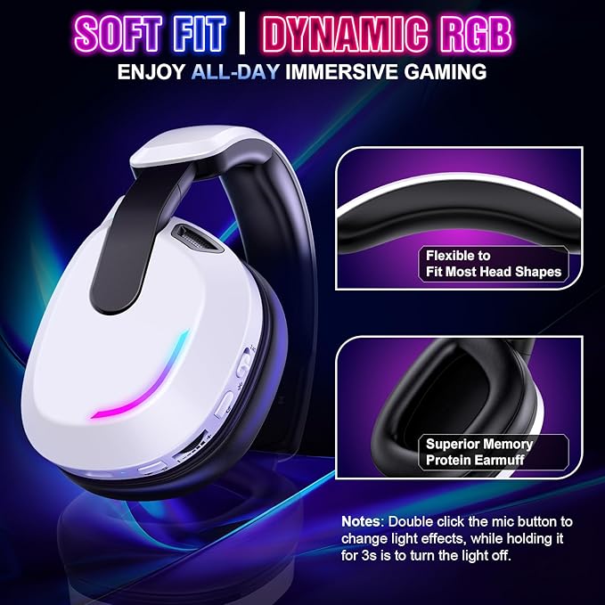 YPBDAN Wireless Gaming Headset for PS5 PS4 PC Switch Mac - RGB Over-Ear Headphones with Noise Cancelling Mic, 60H Playtime, 7.1 Surround Sound, Bluetooth 5.4 & Memory Foam Ear Cushions