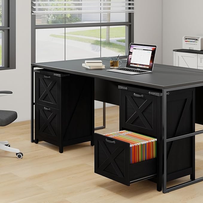 Vabches Vertical File Cabinet with 2 Drawers, Wooden Farmhouse Filing Cabinet for Letter/A4 Size Hanging Files, Under Desk Printer Stand with Storage for Home Office, Black
