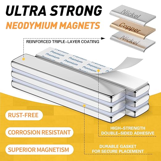 FINDMAG 16 Pack Bar Magnets, Powerful Neodymium Bar Magnets, Rare Earth Magnet Bar, Strong Magnet with Double Sided Adhesive - 60 x 10 x 3 mm