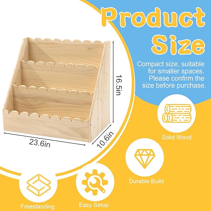 BALAPET Scalloped Book Shelf for Kids, 3-Tier Wooden Bookshelf Perfect Height for 1-5 Years Toddler, Durable Bookcase Book Organizer for Nursery Room(Wooden,23.6 * 16.5 * 10.6in)
