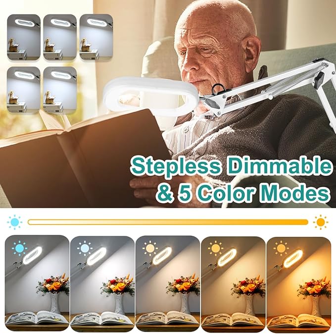 IVMAIE 10X Rectangle Magnifying Glass with Light, 5 Color Modes Stepless Dimmable Magnifier with Stand, LED Lighted Clamp Desk Lamp with Swing Arm, Hands Free for Reading Painting Close Work - White