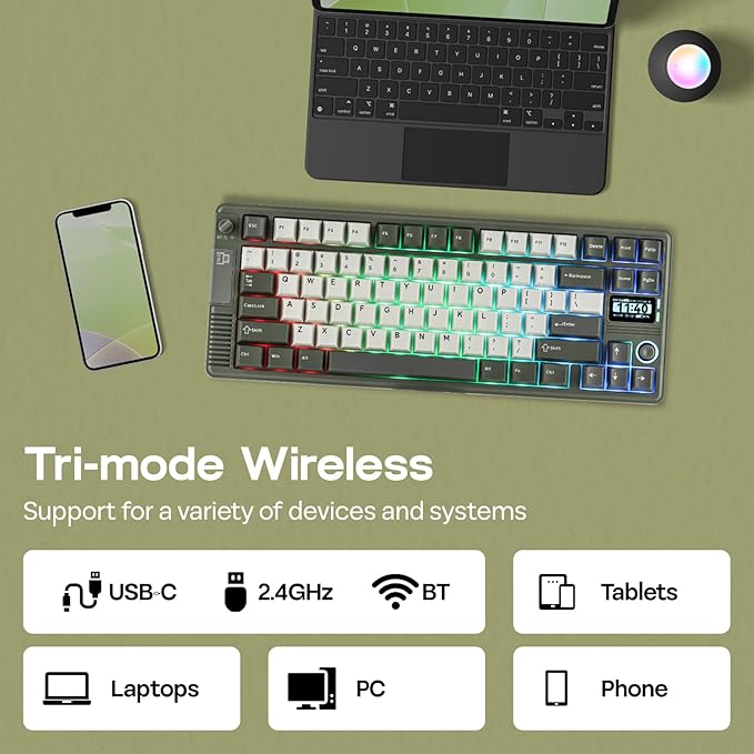 EPOMAKER RT85 Wireless Mechanical Keyboard with Joystick & DIY Screen, 8000mAh, BT/USB/2.4Ghz, Gasket, 5-Layer Paddings, Hot-Swap, PBT Keycap, 75% Gaming Keyboard (Army Green, Creamy Jade)