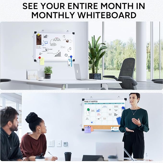 Marsrock Monthly Calendar Whiteboard and Cork Board Combo for Wall, 17"x13" Reversible Hanging Dry Erase Board, Double Sided White Board with Aluminum Frame for Planning, Office, Kitchen, School, Home