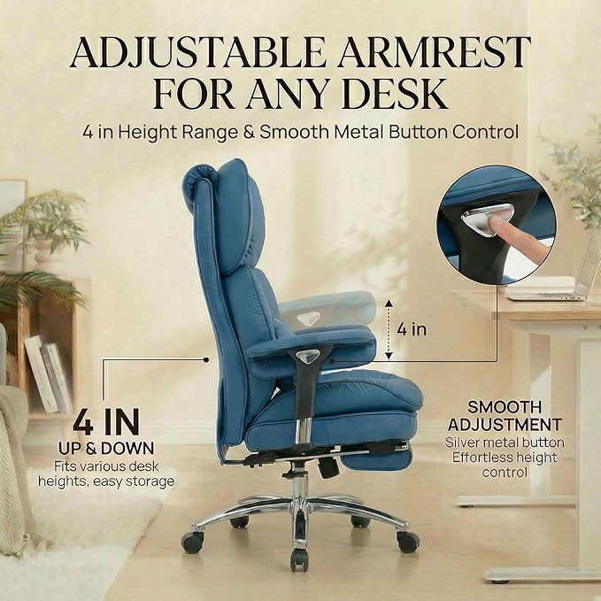 Efomao Big & Tall Executive Office Chair with Footrest - 400lbs Heavy Duty High Back PU Leather Desk Chair, Modern Ergonomic Reclining Computer Chair, Blue