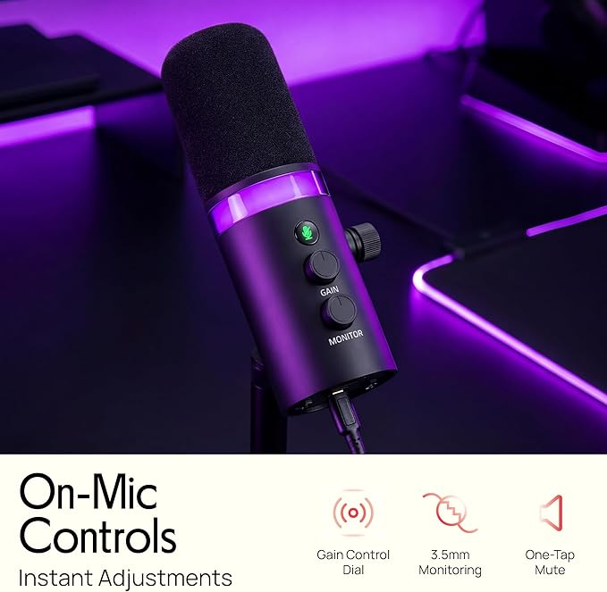 Pyle Dynamic Microphone, Dual Input USB/XLR Podcast Recording, PC Streaming Studio Mic with RGB Light, Mute Button, Desktop Stand, Headphone Jack, & Volume Control - Gaming & Voice-Over (PDMIC7B)