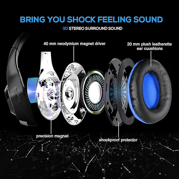BlueFire Wired Gaming Headset for PS4 PS5 Xbox One PC – Over-Ear Headphones with Surround Sound, Noise Canceling Mic, Soft Memory Foam, LED Light, 3.5mm Jack for Console & Laptop (Blue)
