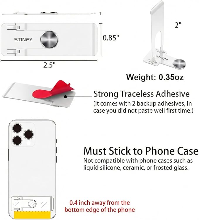 Phone Slim Stand Thin Kickstand, Ultra Thin Vertical Horizontal Universal Steel Metal Stable Mount Attachable Pocket Friendly Phone Holder for iPhone Samsung Phone Case (White 2-Pack)