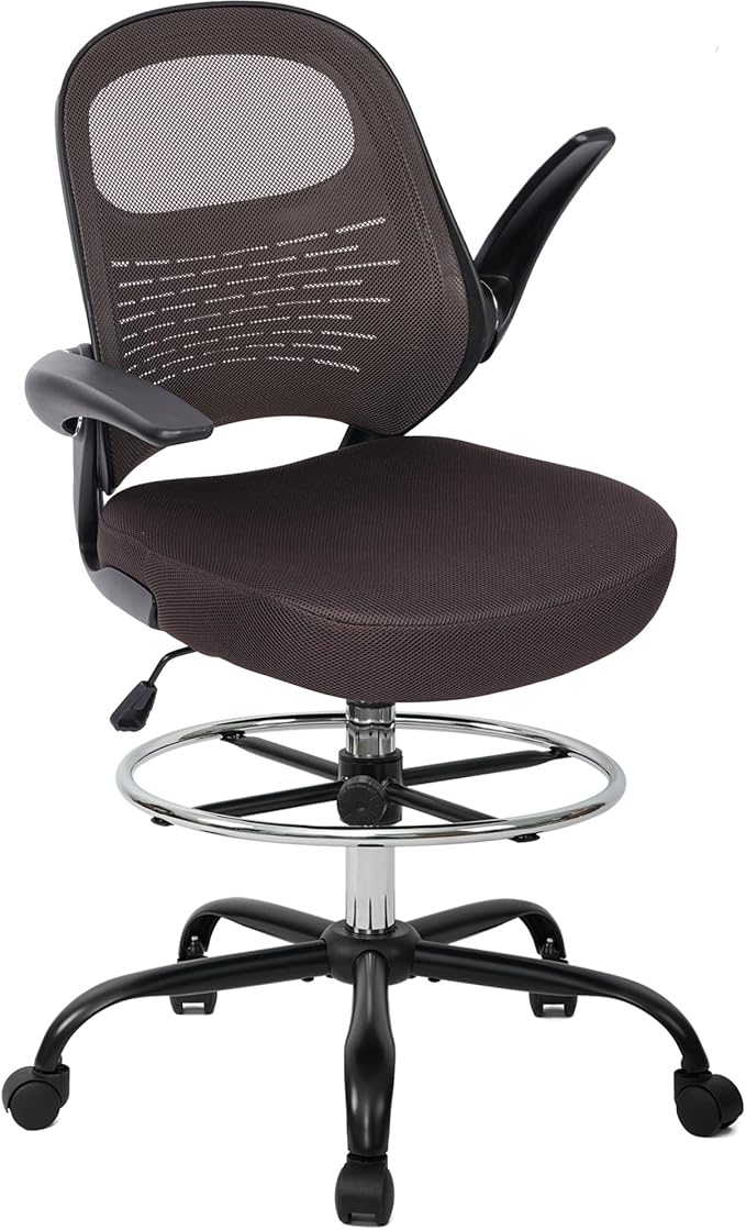 HYLONE Tall Drafting Chair Standing Desk Chair with Flip-Up Armrests, Adjustable Height Ergonomic Office Chair with Footrest Ring - High Stool Chair for Standing Desk (Brown)