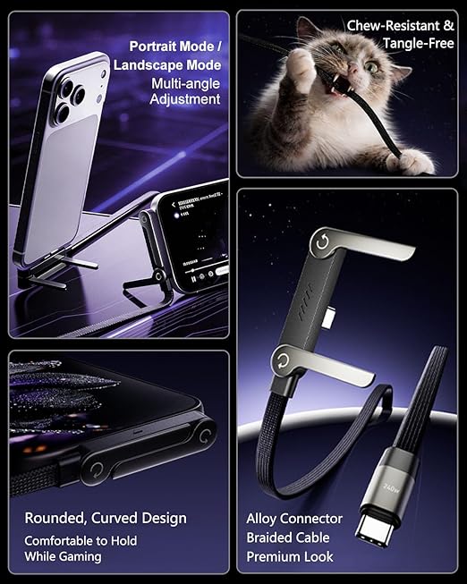 240w USB-C Stand Data Cable,Flat Phone Charger Sideways Invisible Stand Data,5ft Type-C Charging Cables with Built-in Holder,Nylon Braided High-Speed Charge Cord for Phone,Tablets,Laptops