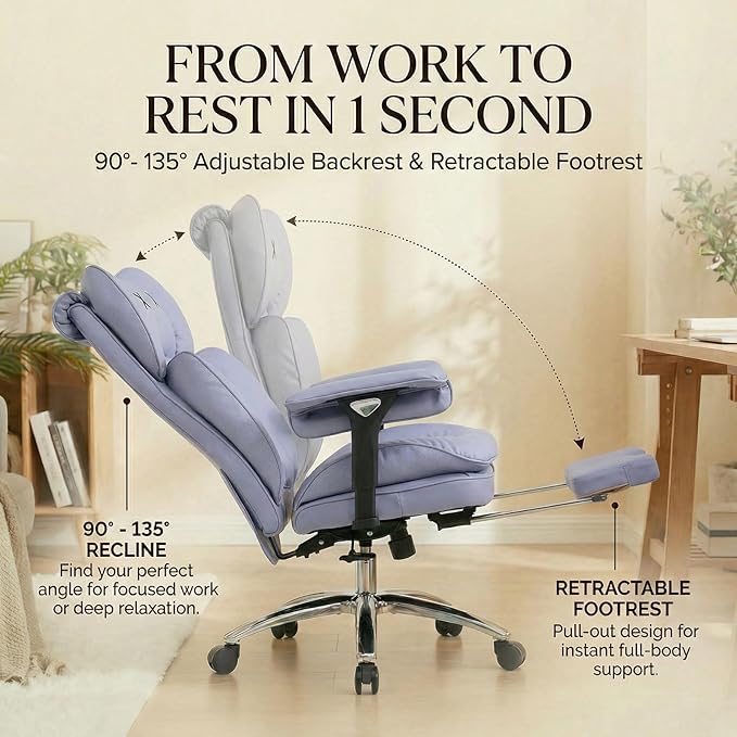 Efomao Big & Tall Executive Office Chair with Footrest - 400lbs Heavy Duty High Back PU Leather Desk Chair, Modern Ergonomic Reclining Computer Chair, Purple