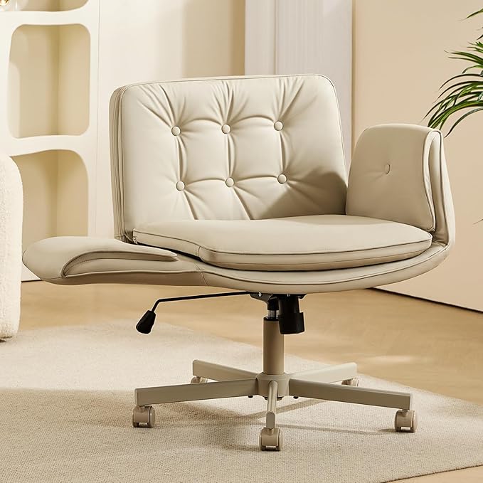 amseatec Criss Cross Chair with Armrests & Wheels, PU Leather ADHD Home Office Desk Chair, Comfortable Lounge Chair for Home, Make Up, Bed Room, 5-Gear Adjustable Arm,Wide Seat,Swivel(Cream/Beige)