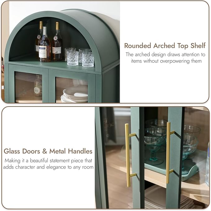 71" Tall Arched Display Cabinet, 5-Tier Bookshelf Modern Farmhouse Arched Bookcase with Glass Doors and Shelves, Wooden Pantry Storage Cabinet for Living Room, Office and Kitchen, Green