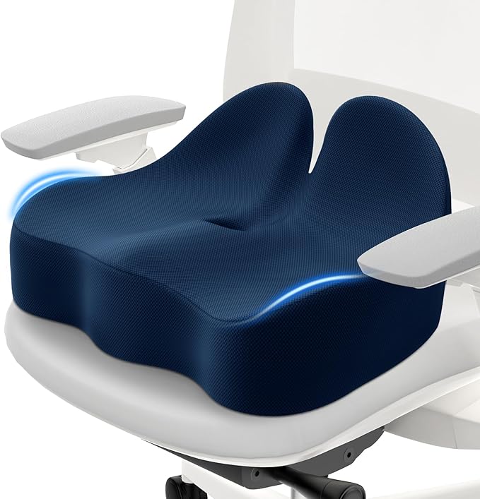 CushZone Memory Foam Seat Cushion for Office Chair, Ergonomic Coccyx Cushion for Desk Chair, Tailbone Support Pillow for Long Sitting, Non-Slip Seat Pad for Home, Gaming Chair -Navy Blue, X-Large