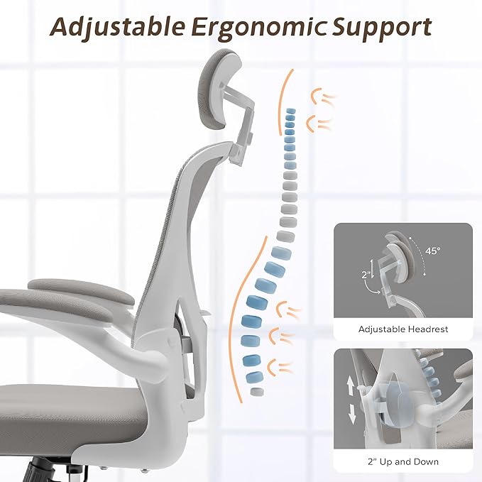 Drafting Chair, Ergonomic Tall Office Chairs for Standing Desk, Home Office Desk Chair with Lumbar Support and Adjustable Flip-up Armrests & footrest (02Grey)