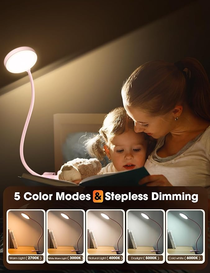 LiFMIRA Desk Lamp Clip on Light 8W 66 LED Reading Light for Bed, 5 Colors 10 Dimming Levels, Eye Caring Metal Reading Lamp, Clip lamp for Bed Headboard Home Office (Pink)