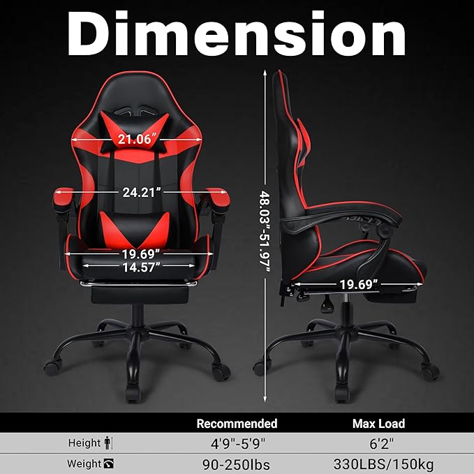 Gaming Chair with Footrest and Lumbar Support, Height Adjustable Chair with 360°Office Desk Chair,Heavy Duty 330lbs Computer Chair for Adults, Black & Red