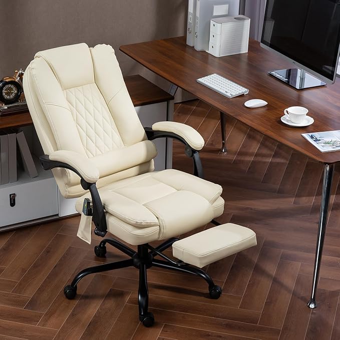 6-Point Heated Massage Office Chair with Footrest, Ergonomic Home Desk Chair with Lumbar Support, Executive High Back PU Leather Computer Chair with Armrest & Reclining, Beige