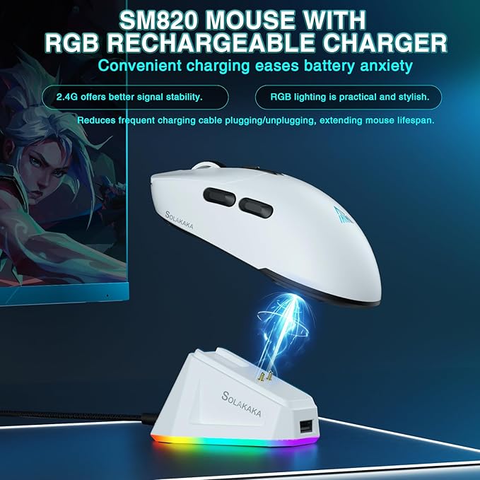 SOLAKAKA SM820 Wireless Gaming Mouse with RGB Charging Dock,24000 DPI Tri-Modes Wireless Mouse with 2 Side Buttons,Programmable Macro Mouse for Gaming(White)