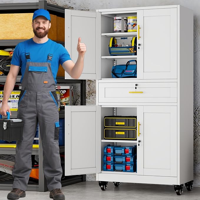 61" Metal Garage Storage Cabinet with Wheels and Locking Doors and Tall Rolling Steel Tool Cabinet with 5 Adjustable Shelves for Garage,Home,Office,Shop (White, 71" H x 35.43W x 15.74" D)