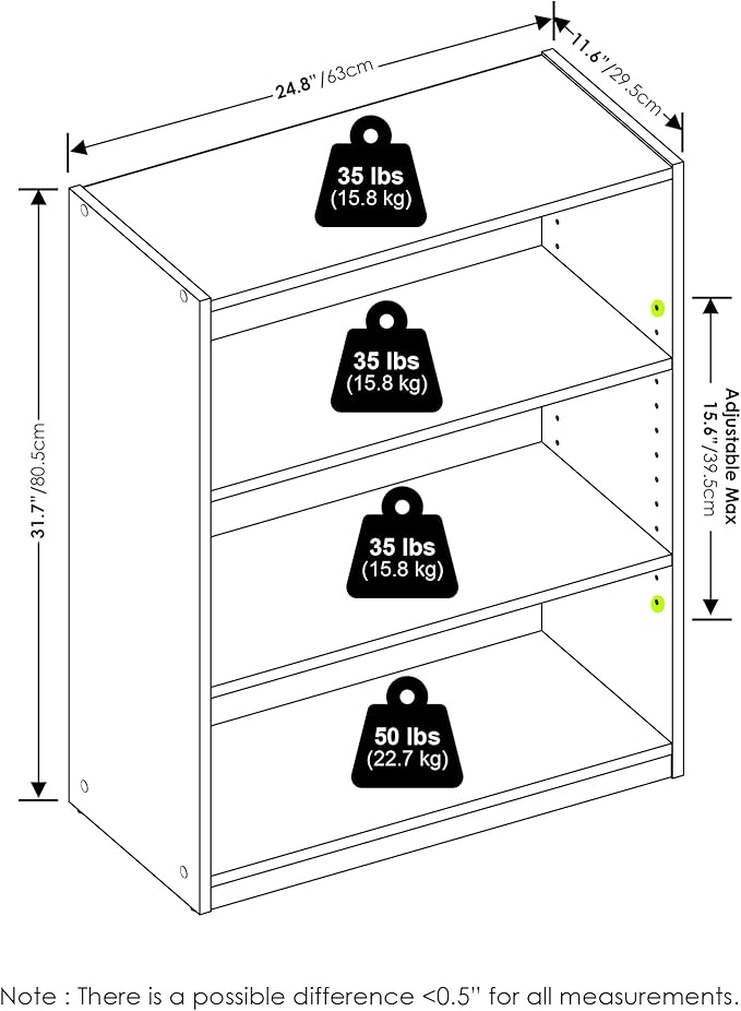 Furinno GEHRY Book Shelf, 3-Tier Small Bookshelf, Bookcase with Adjustable Shelves, 11.6 x 24.8 x 31.6, for Organization and Storage, for Living Room, Bedroom, Home Office, White
