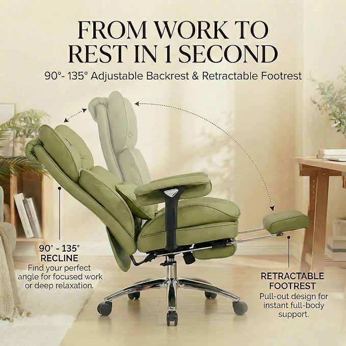 Efomao Big & Tall Executive Office Chair with Footrest - 400lbs Heavy Duty High Back PU Leather Desk Chair, Modern Ergonomic Reclining Computer Chair, Green