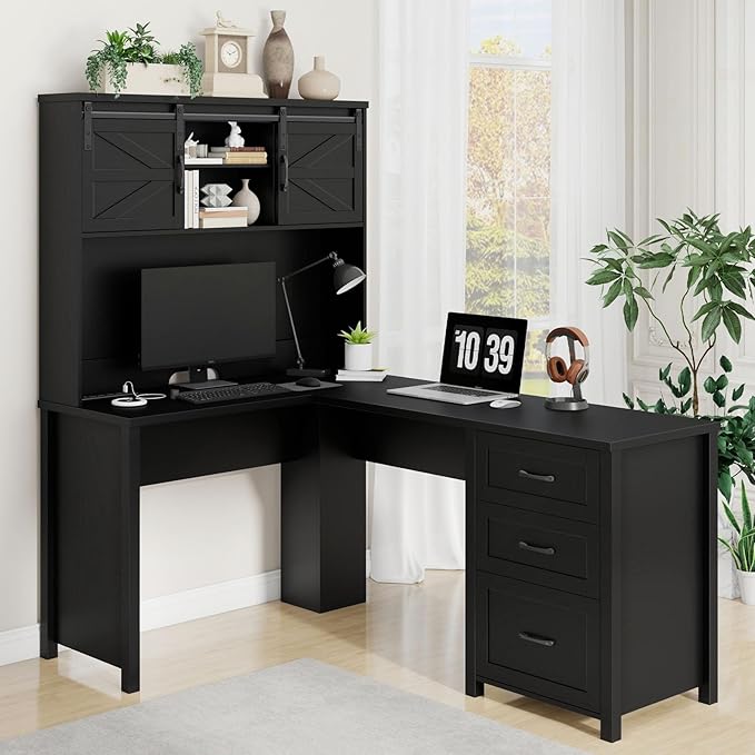Vabches Farmhouse 68" H L Shaped Desk with Hutch,Office Table with 3 Drawers and Sliding Doors, Executive Desk with File Drawers and Charging Station, Wood Workstation for Home Office and Study