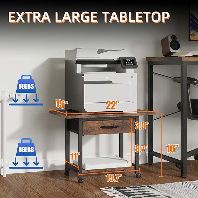 YAOHUOO Large Printer Stand with Storage Drawer, 2-Tier Under Desk Table for Home Office, Fits Fax Machine/3D Printer/Scanner (Brown)