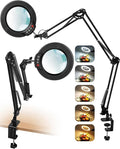 12X Magnifying Glass with Light and Clamp, Ultra Long 3 Section Swing Arm LED Desk Lamp, Real Glass Lens, 5 Color Modes Dimmable, Hands Free Lighted Magnifier with Stand for Repair Craft Close Work
