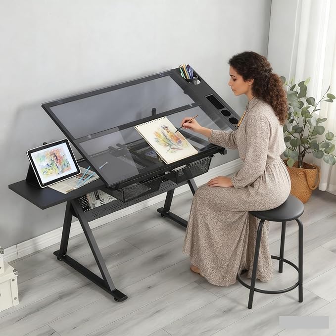 Drafting Table, 0-75° Tilting Glass Tabletop Drawing Table with Stool - Adjustable Height Art Desk with Multi-Storage for Sketching and Painting - Perfect for Artists and Hobbyists, Black