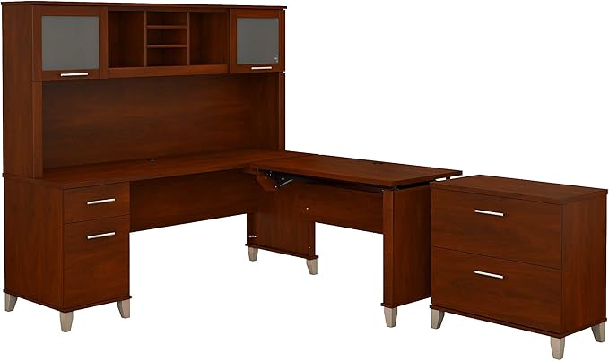 Bush Furniture Somerset 72W 3 Position Sit to Stand L Shaped Desk with Hutch and File Cabinet in Hansen Cherry