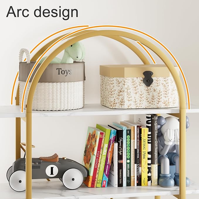 Arbuxzuy 6 Tier Bookshelf, 83" Tall Arched Bookcase, Tall Book Shelf with Metal Frame, Modern Display Standing Shelf for Living Room, Home Office, Bedroom, Gold