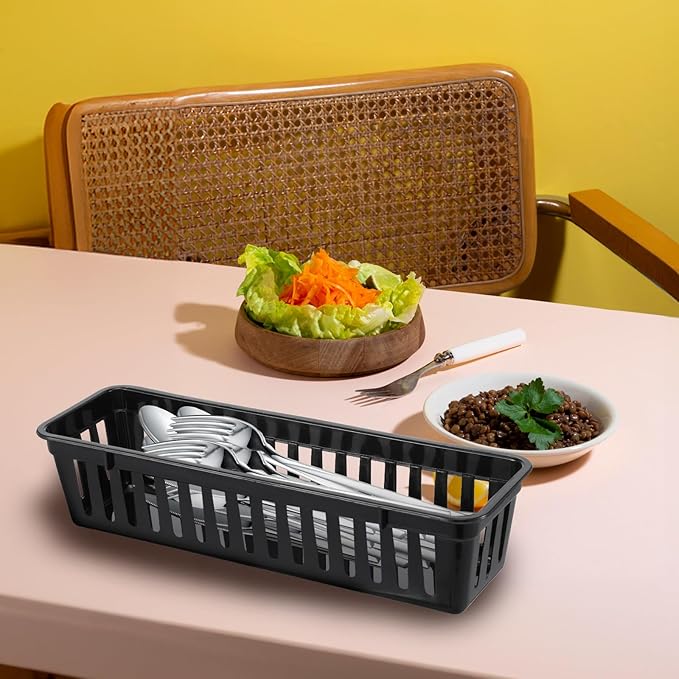 12 Pack Slim Plastic Storage Baskets Tray for Organizing, 10.24 x 3.15 x 2.36 Small Narrow Storage Bins Stackable Drawer Pencil Trays Holder for Desk Garage Cabinet Containers (Black)