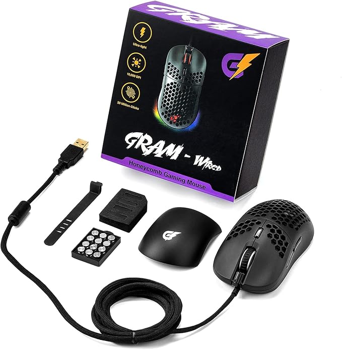 GUNMJO Gram DIY Honeycomb Shell Wired RGB Gaming Mouse, PC Gaming Mouse with 9 Buttons and Up to 10,000 DPI, Computer Mice for PC Gaming, Black Color