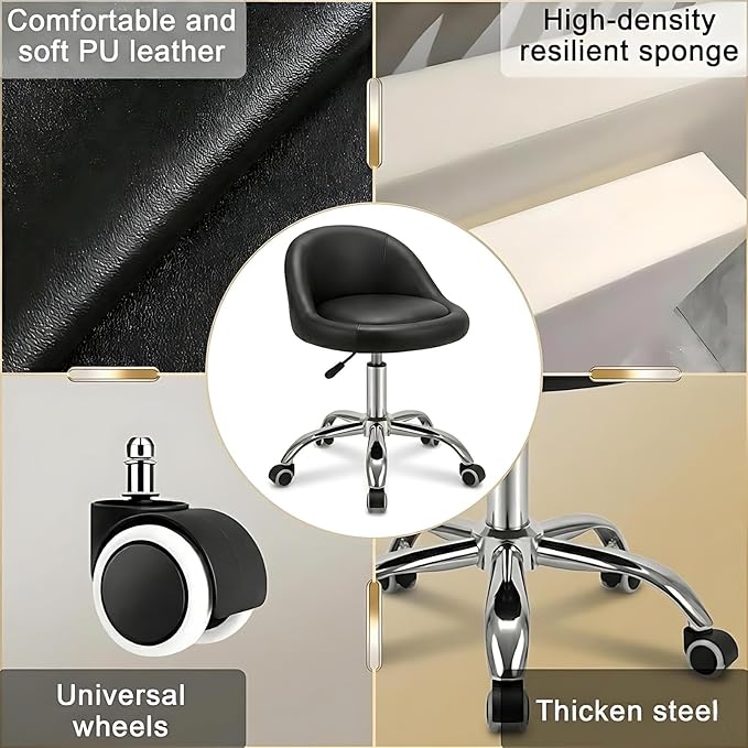 combofix Adjustable Rolling Stool with Backrest, 15" Round PU Leather Swivel Stool, Heavy Duty 400lbs Office Chair with Wheels, for Salon Tattoo Drafting Work SPA Massage Home Office, Black